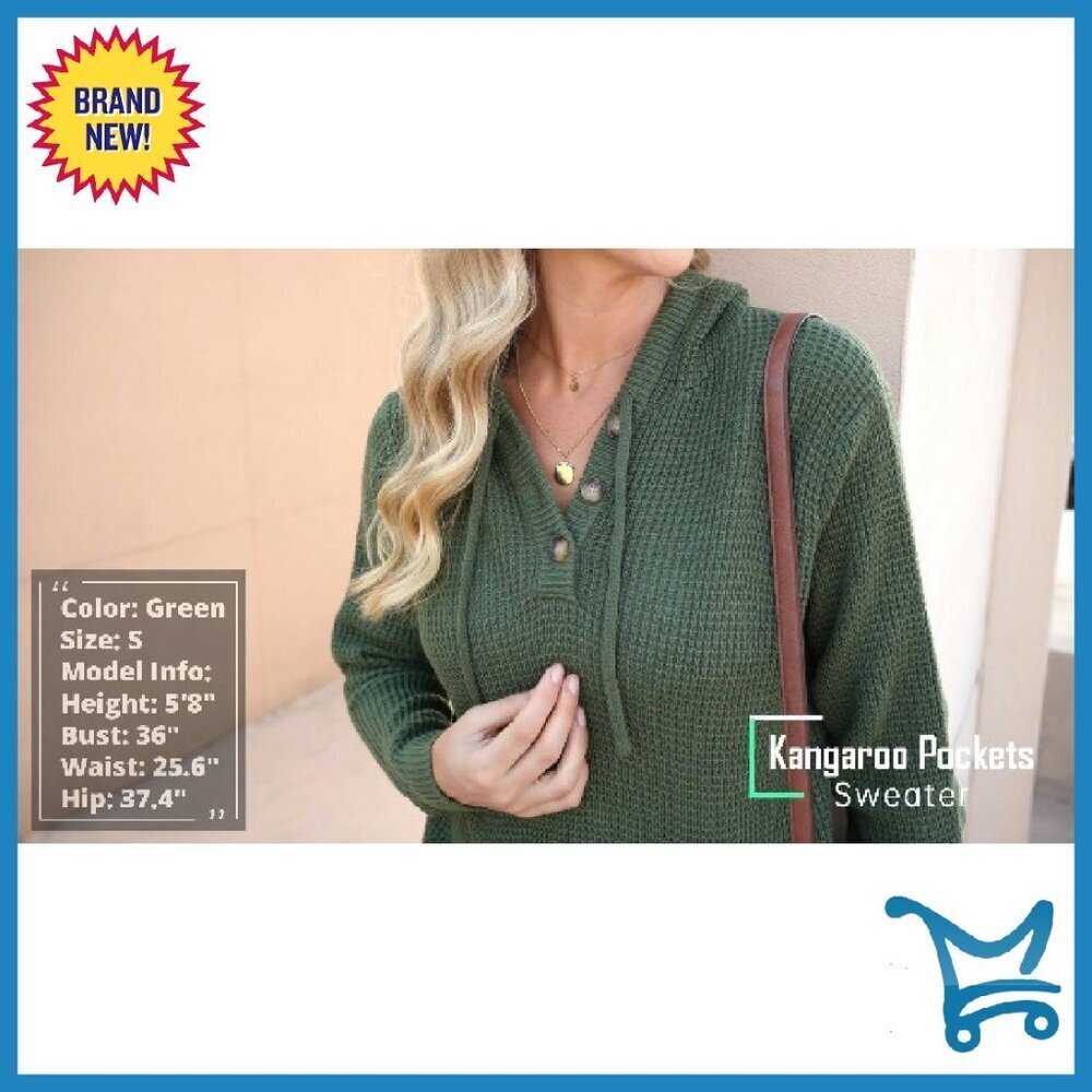 Oversized V-Neck Hoodie Sweater with Pockets, 100% Acrylic, Loose Fit - Picture 8 of 8